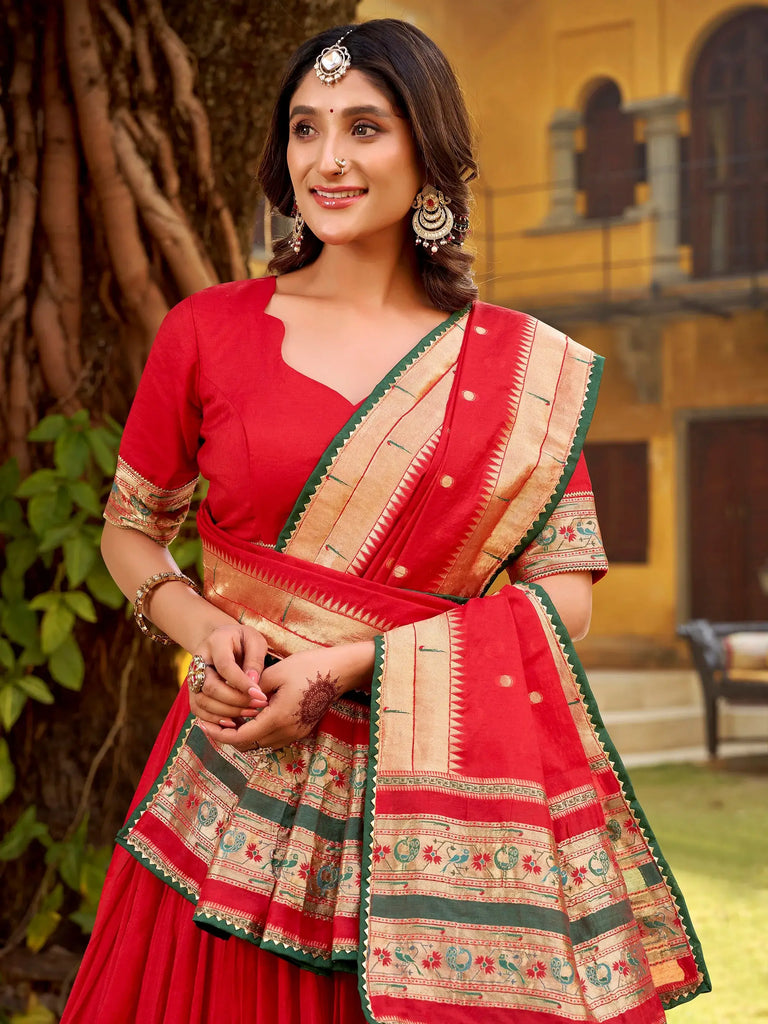 Glowing Red Zari Weaving Chanderi Festival Wear Half Saree Lehenga 
