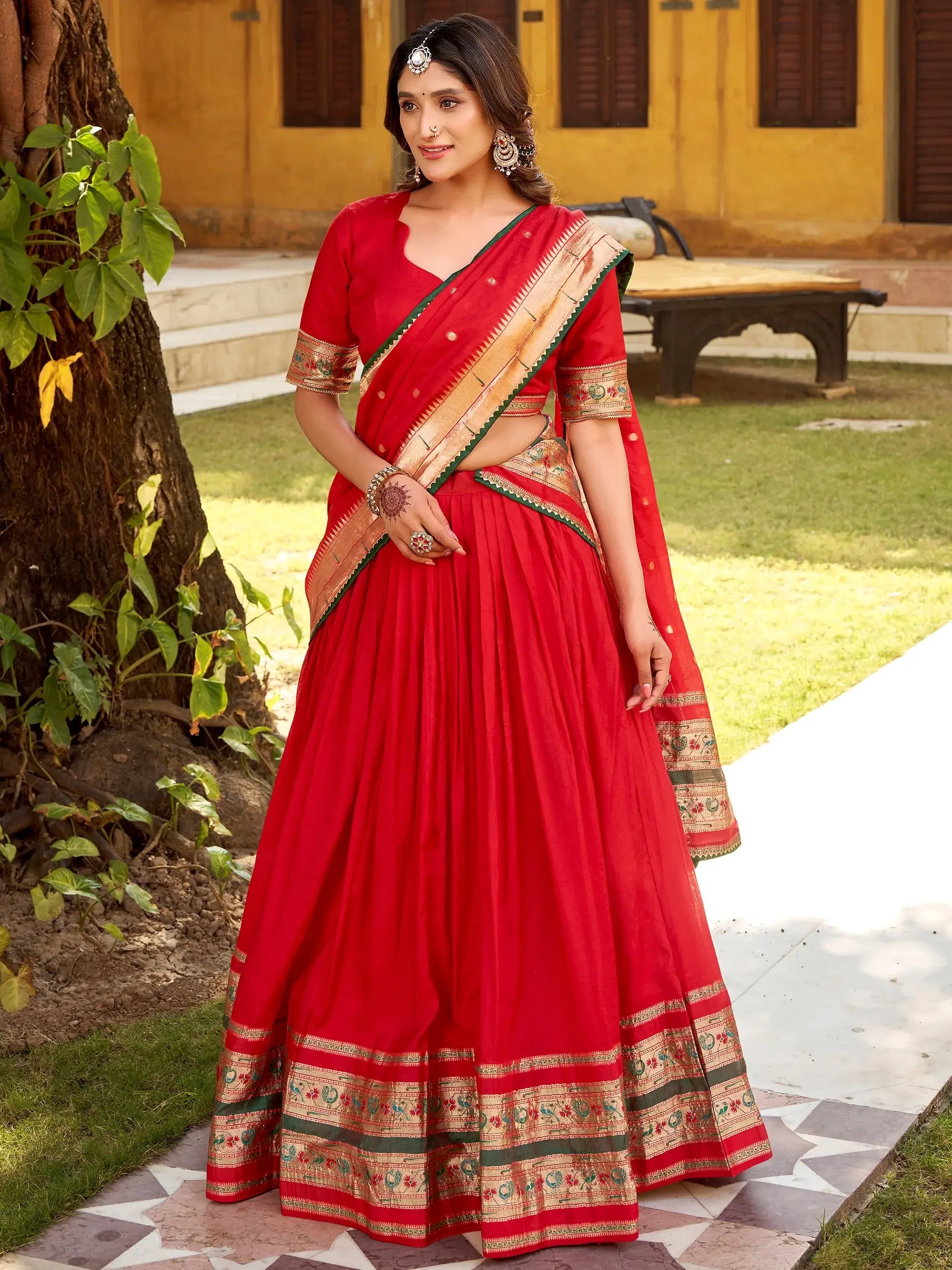 Glowing Red Zari Weaving Chanderi Festival Wear Half Saree Lehenga 
