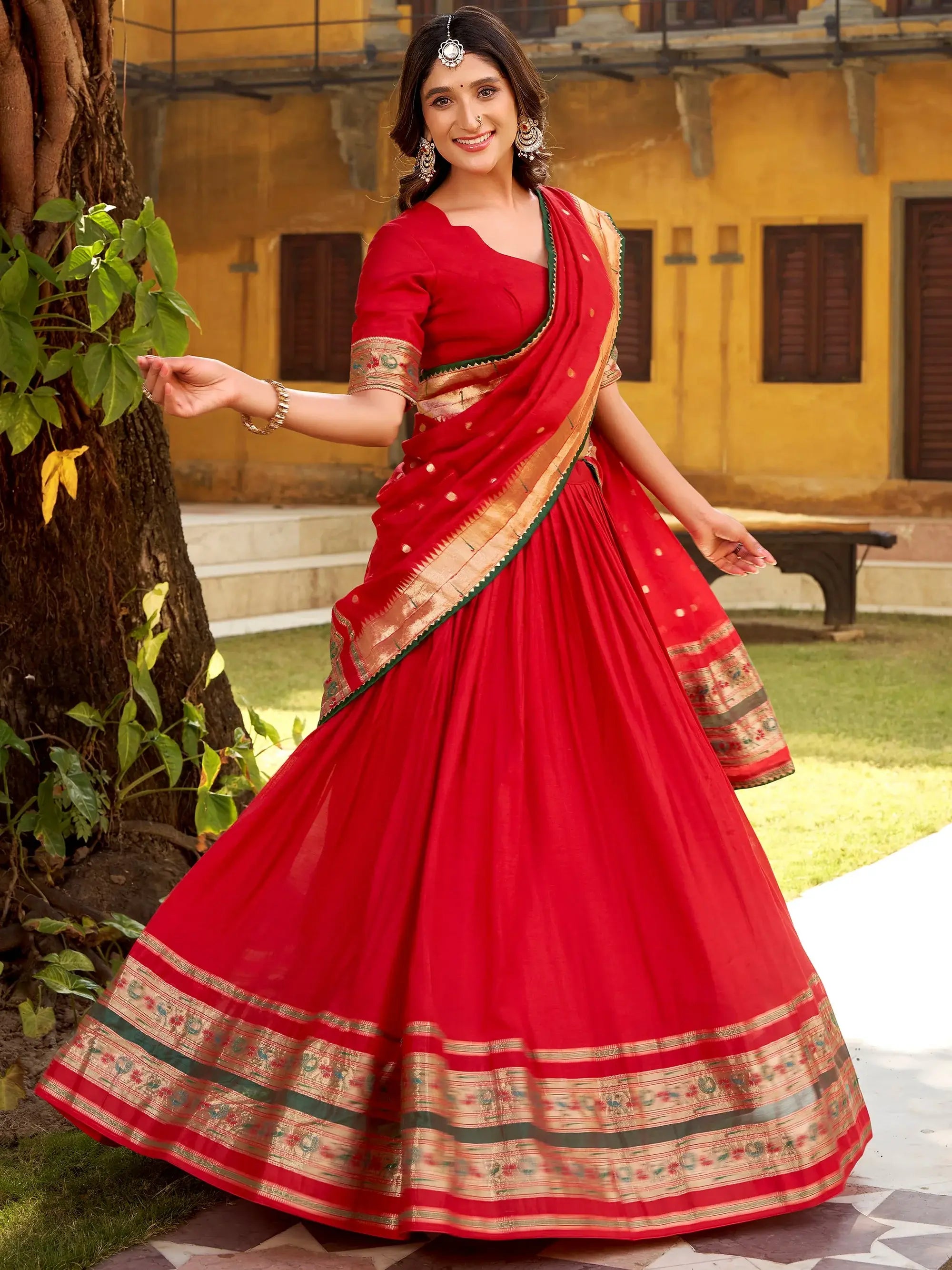 Glowing Red Zari Weaving Chanderi Festival Wear Half Saree Lehenga 
