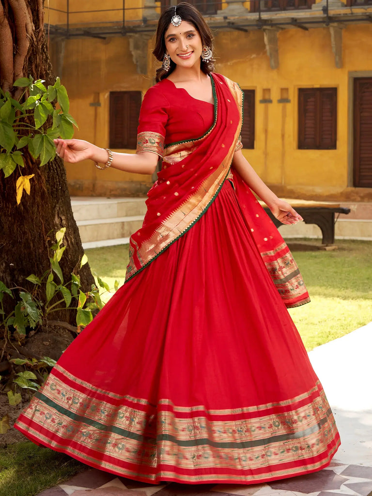 Glowing Red Zari Weaving Chanderi Festival Wear Half Saree Lehenga 
