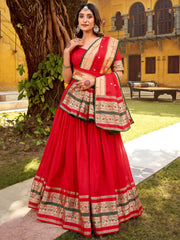 Glowing Red Zari Weaving Chanderi Festival Wear Half Saree Lehenga 
