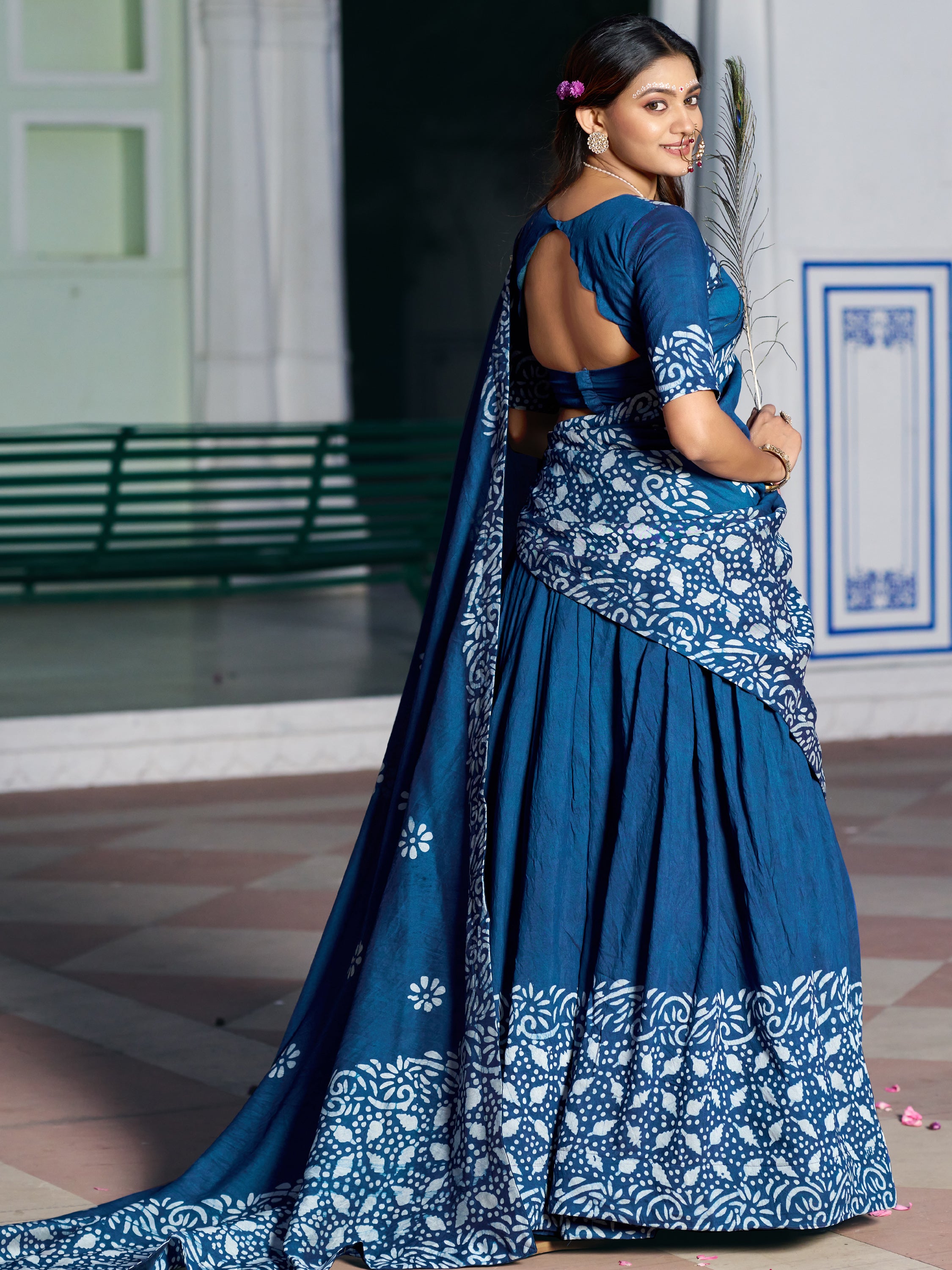 Awesome Navy Blue Batik Printed Chanderi Festive Wear Half Saree Lehenga