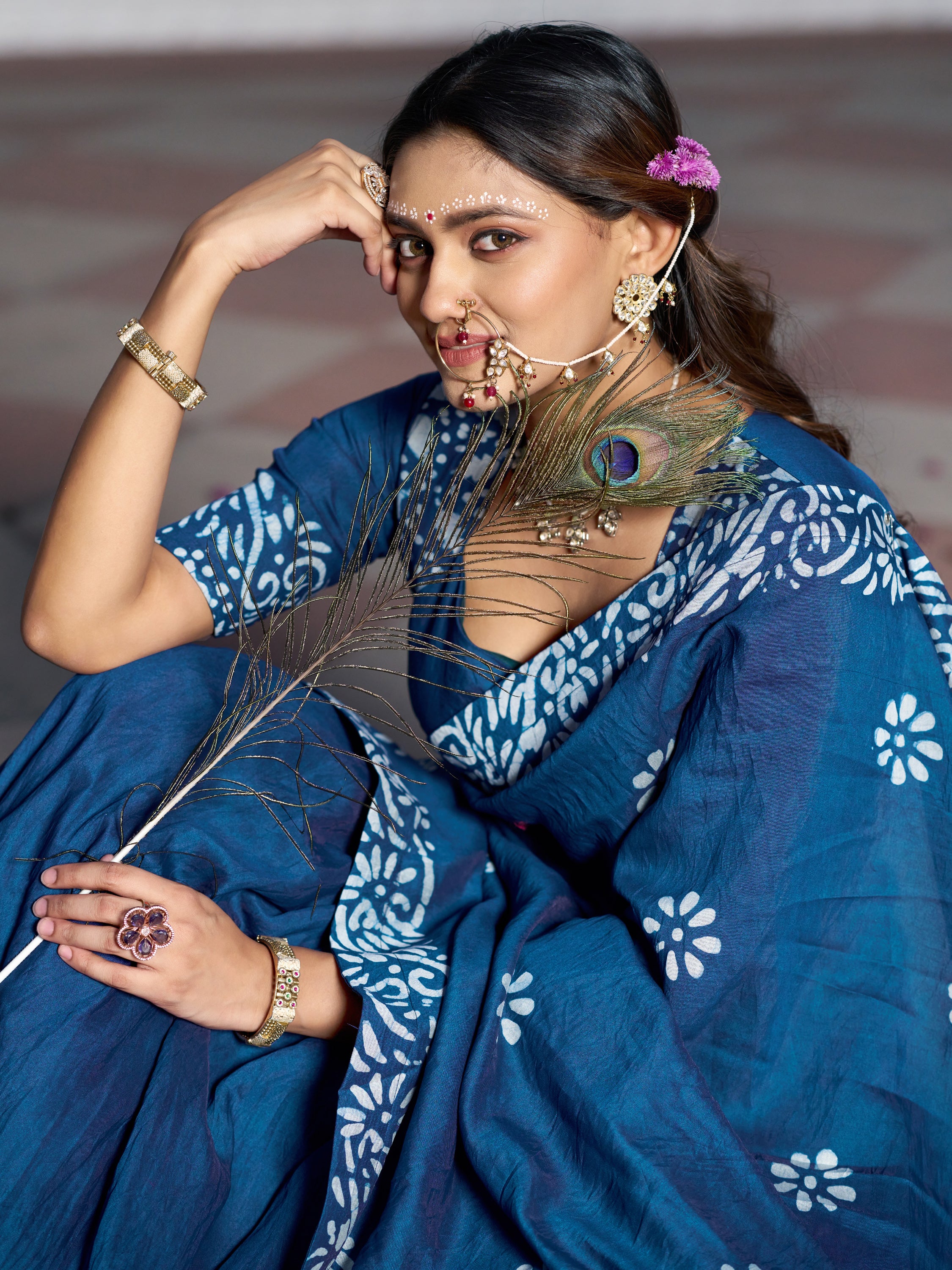 Awesome Navy Blue Batik Printed Chanderi Festive Wear Half Saree Lehenga