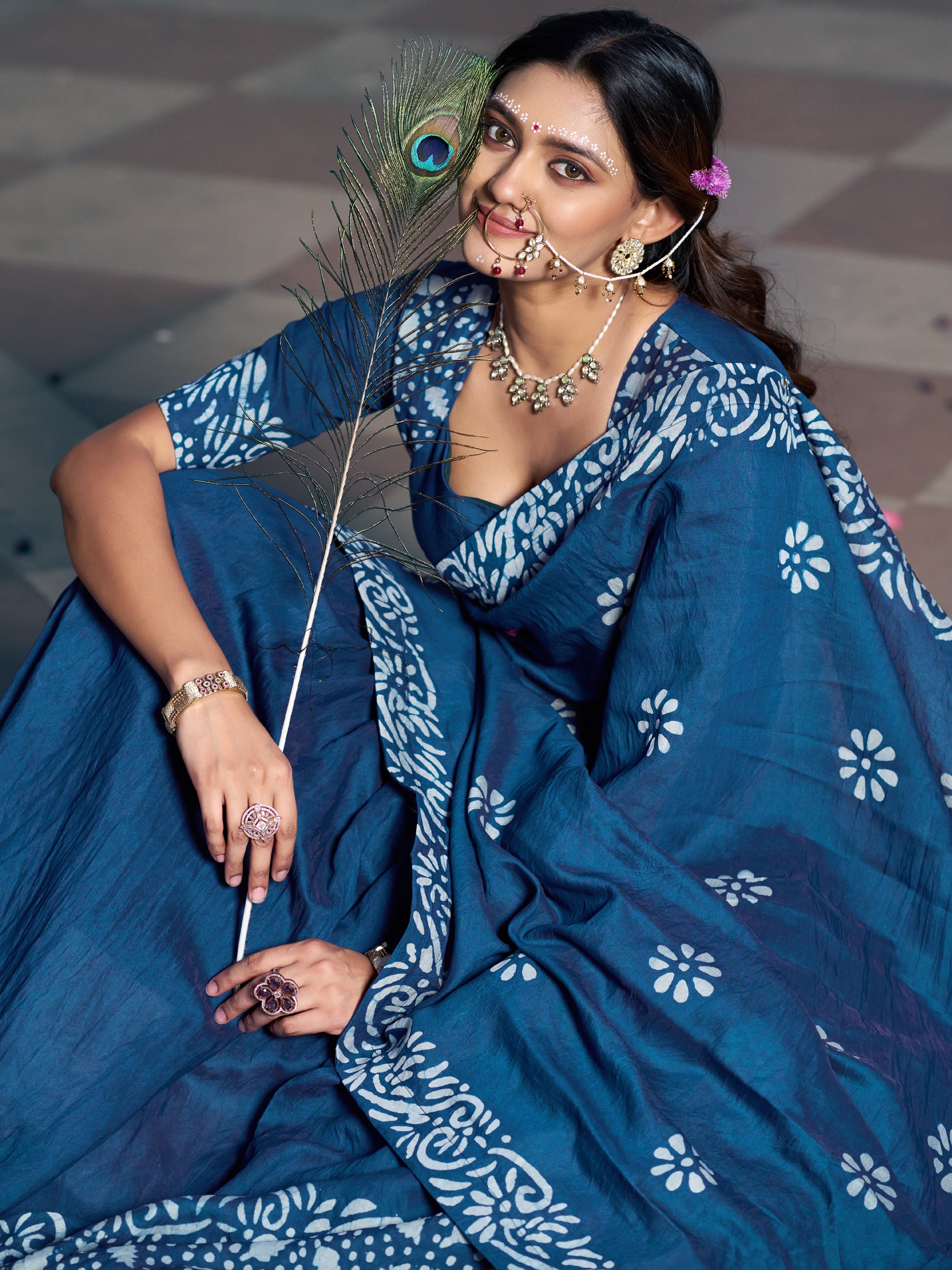 Awesome Navy Blue Batik Printed Chanderi Festive Wear Half Saree Lehenga
