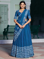Awesome Navy Blue Batik Printed Chanderi Festive Wear Half Saree Lehenga