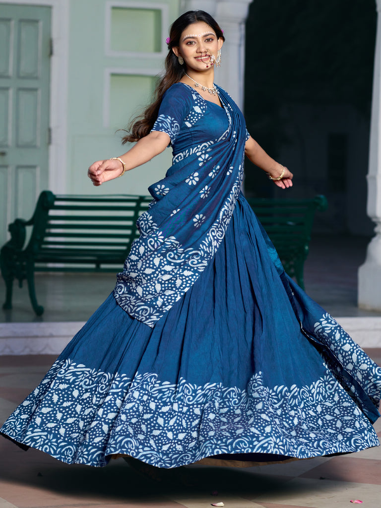 Awesome Navy Blue Batik Printed Chanderi Festive Wear Half Saree Lehenga