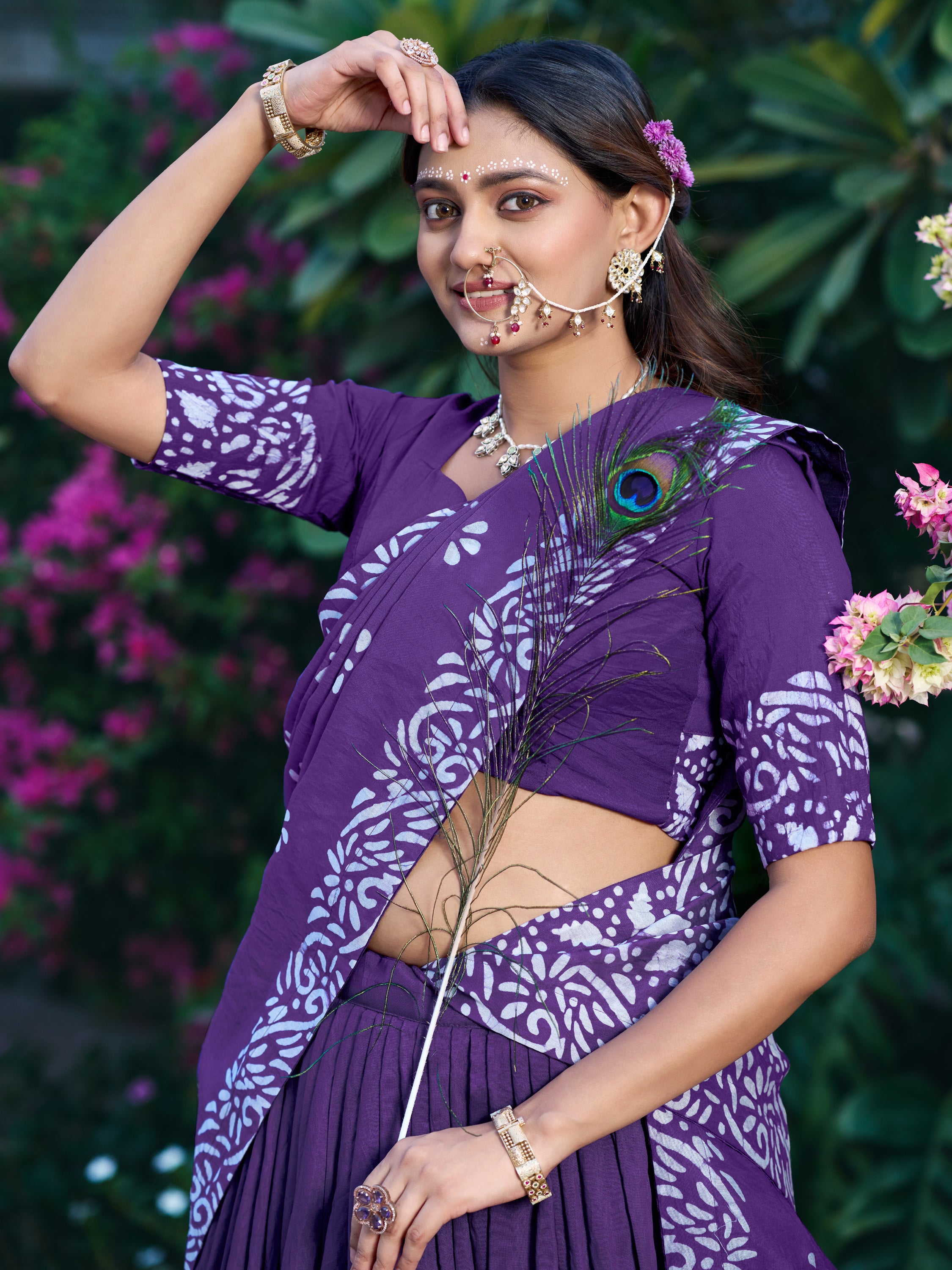 Lovely Purple Batik Print Chanderi Marriage Wear Half Saree Lehenga