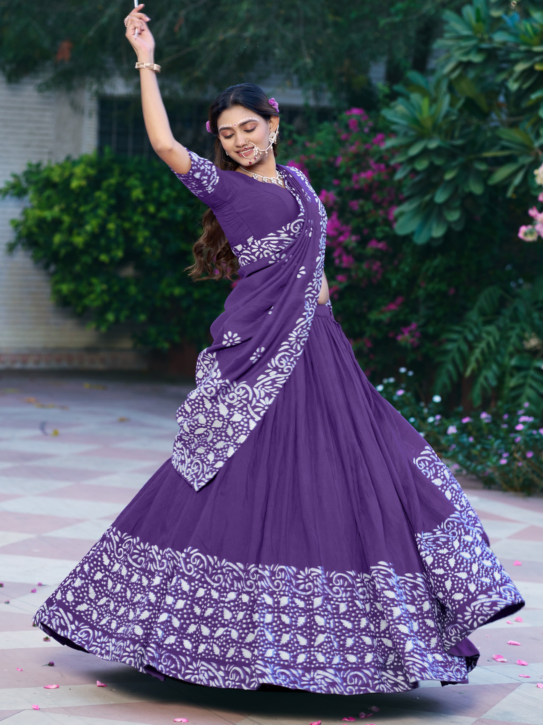 Lovely Purple Batik Print Chanderi Marriage Wear Half Saree Lehenga