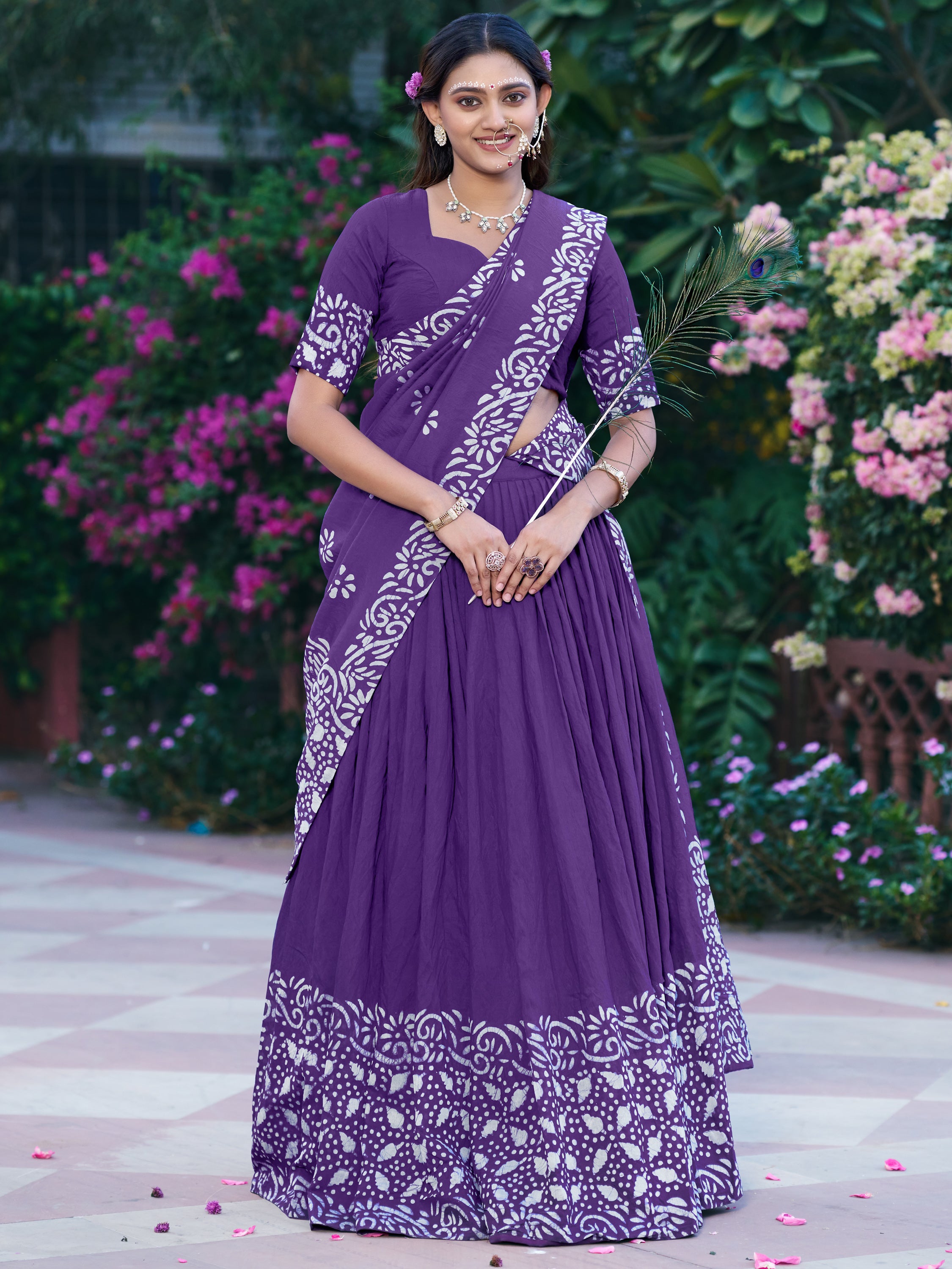 Lovely Purple Batik Print Chanderi Marriage Wear Half Saree Lehenga