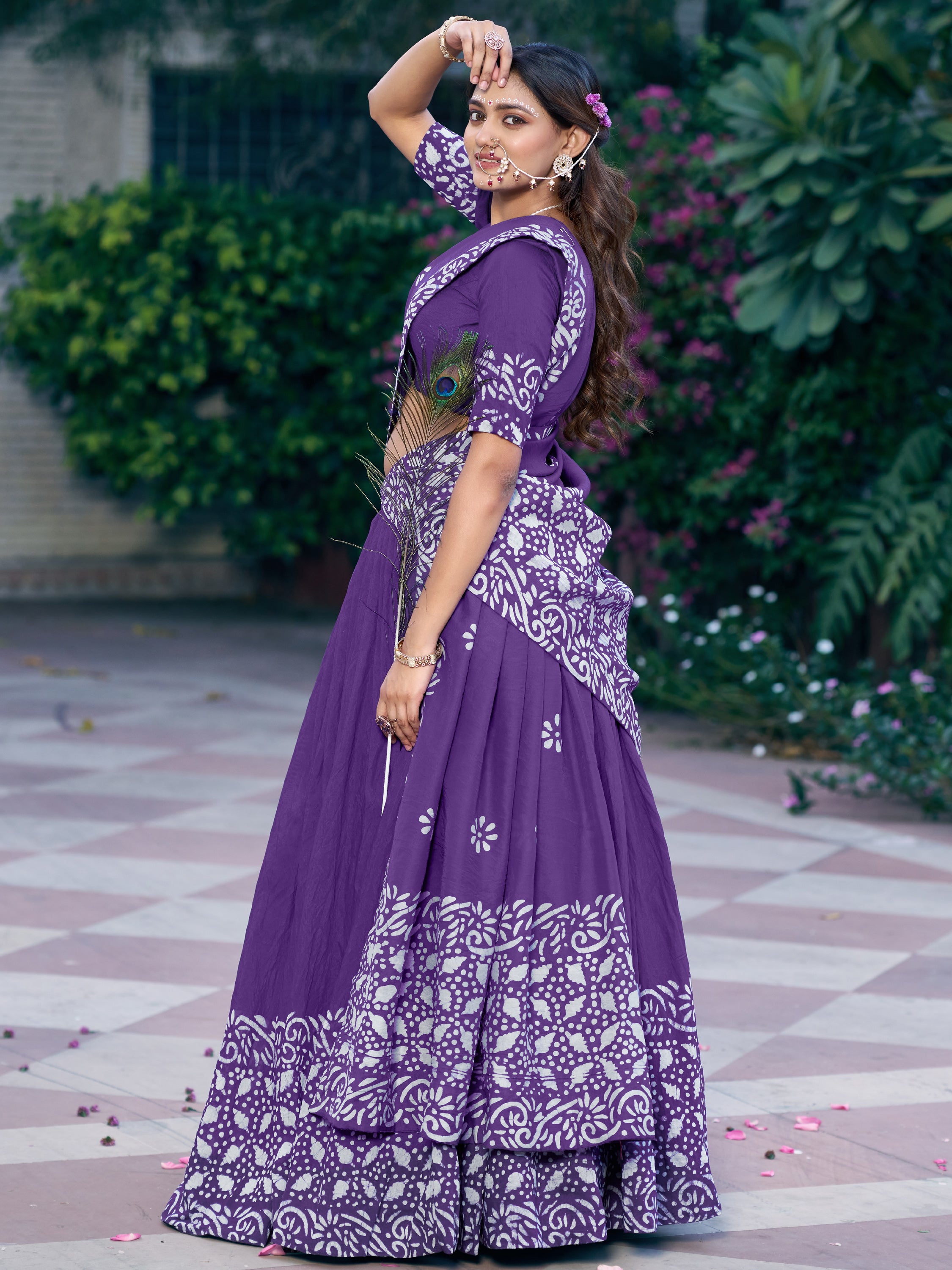 Lovely Purple Batik Print Chanderi Marriage Wear Half Saree Lehenga