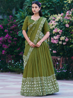 Elegant Olive Green Batik Print Chanderi Function Wear Half Saree Lehenga