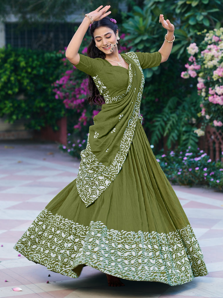 Elegant Olive Green Batik Print Chanderi Function Wear Half Saree Lehenga