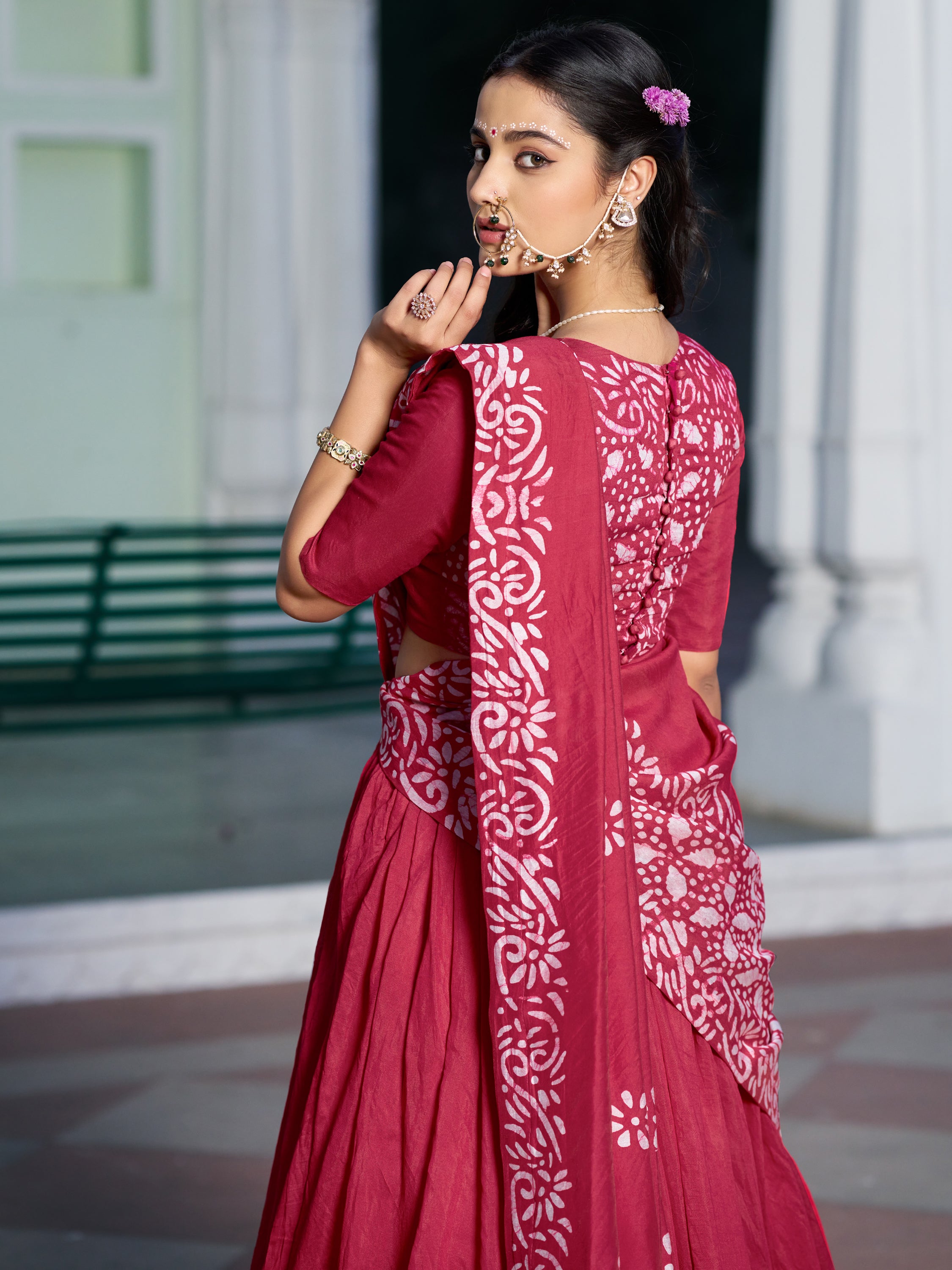 Astonishing Pink Batik Print Chanderi Event Wear Half Saree Lehenga