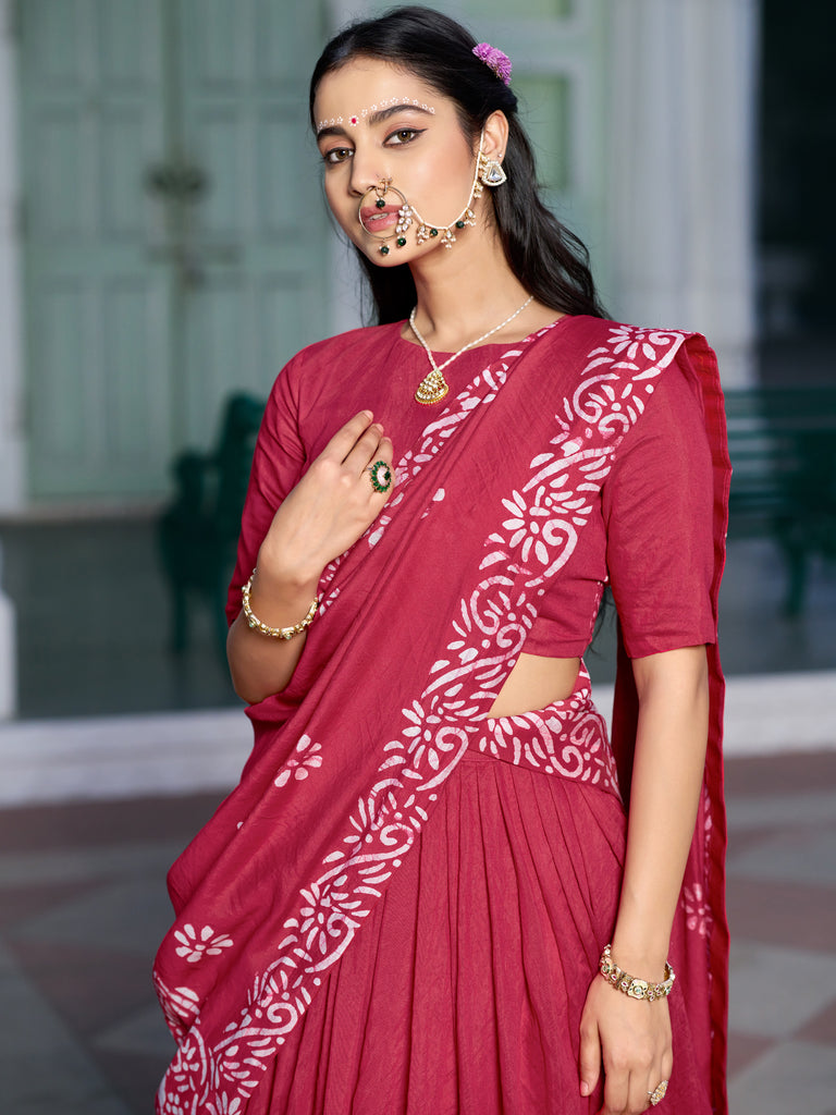 Astonishing Pink Batik Print Chanderi Event Wear Half Saree Lehenga