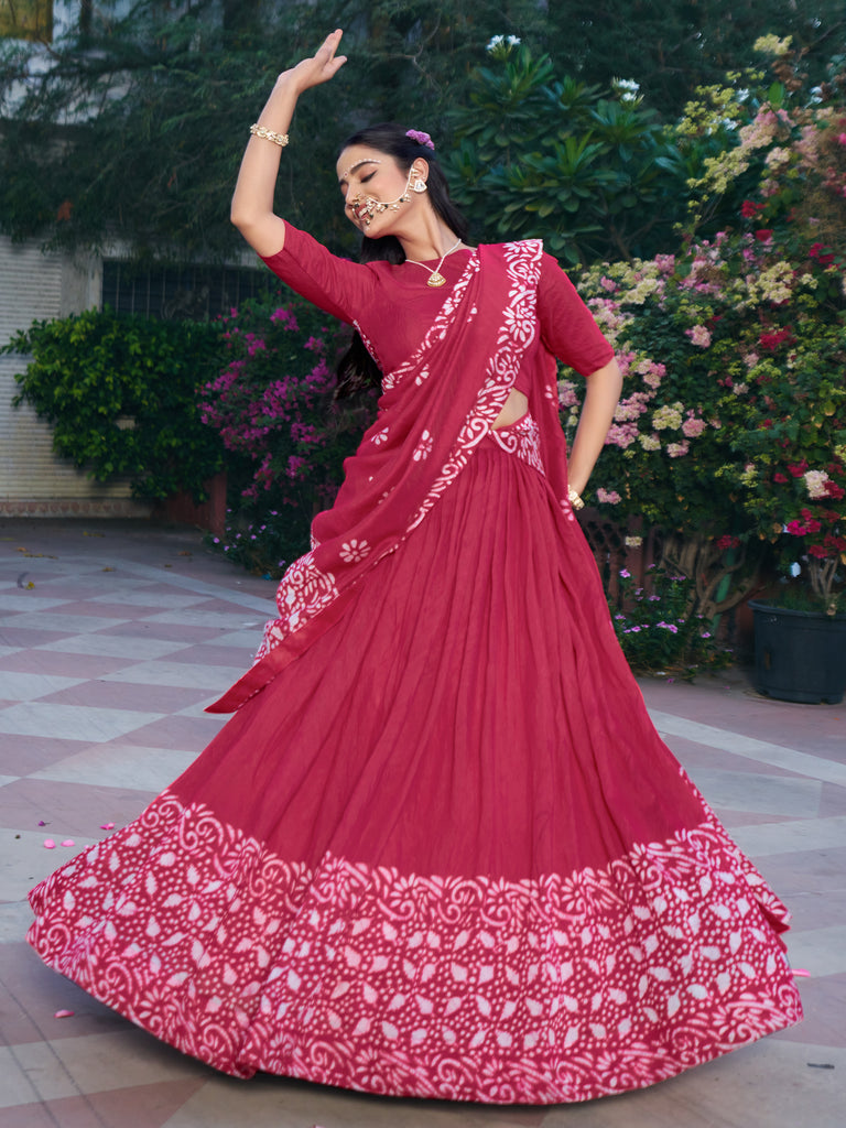 Astonishing Pink Batik Print Chanderi Event Wear Half Saree Lehenga