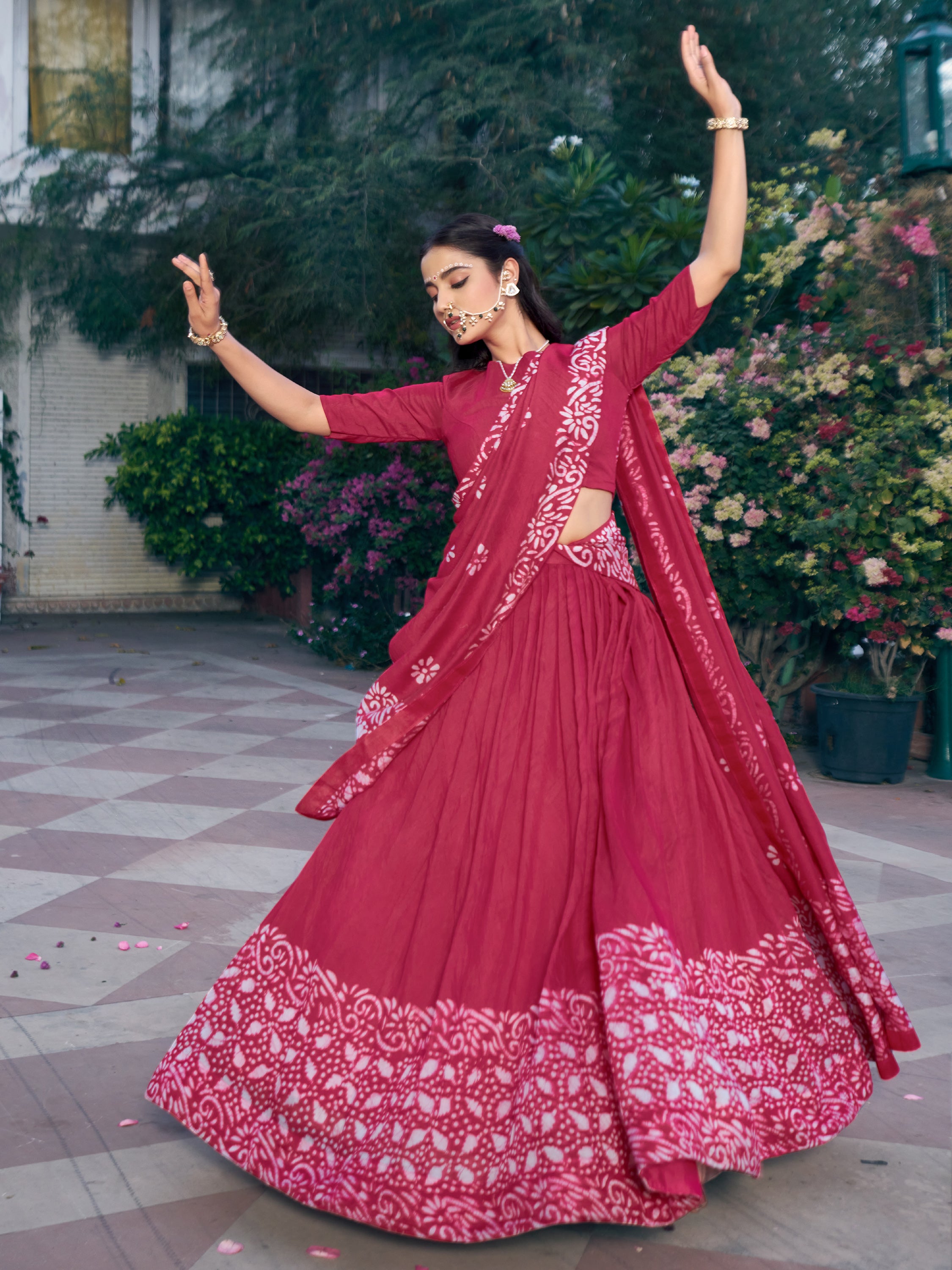 Astonishing Pink Batik Print Chanderi Event Wear Half Saree Lehenga