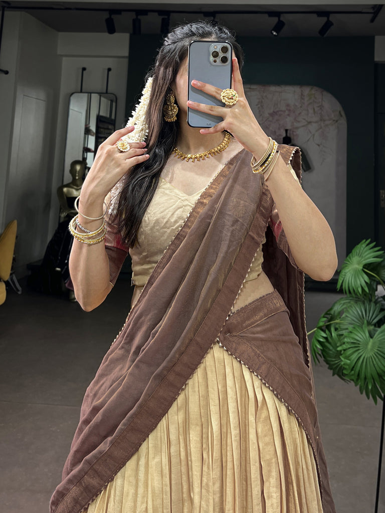 Precious Beige Weaving Border Cotton Function Wear Half Saree Lehenga