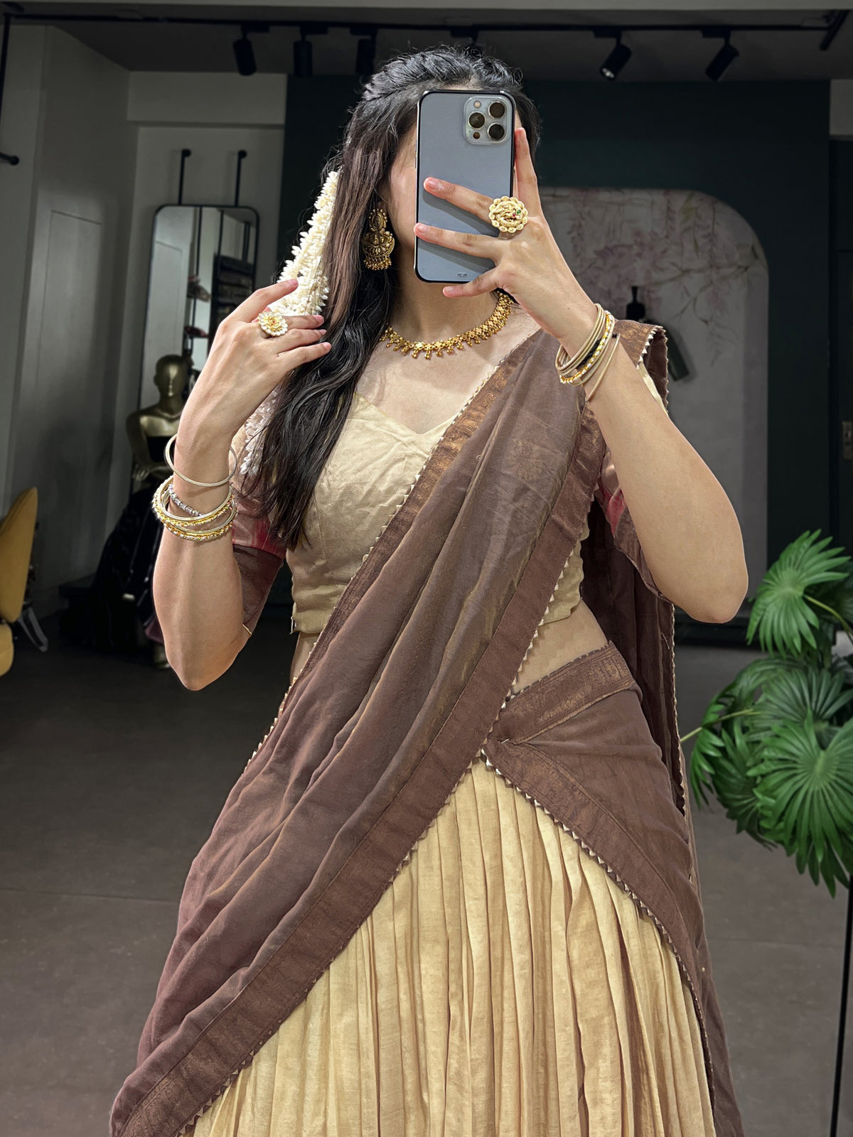 Precious Beige Weaving Border Cotton Function Wear Half Saree Lehenga