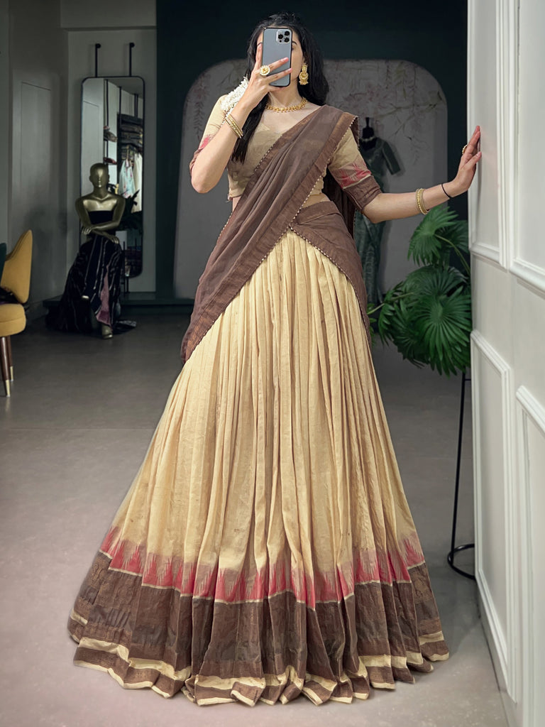 Precious Beige Weaving Border Cotton Function Wear Half Saree Lehenga