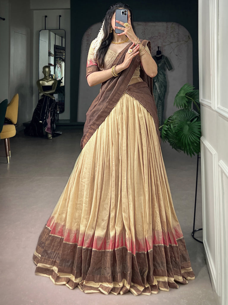 Precious Beige Weaving Border Cotton Function Wear Half Saree Lehenga
