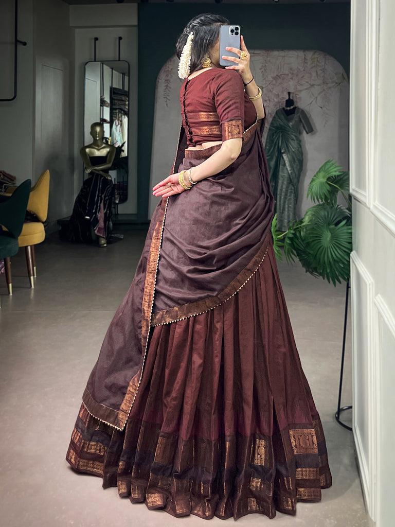 Fabulous Maroon Zari Weaving Cotton Marriage Wear Half Saree Lehenga