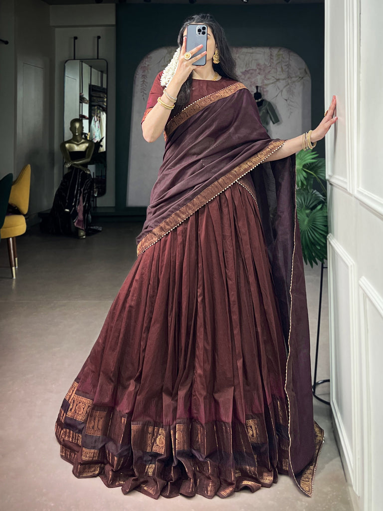 Fabulous Maroon Zari Weaving Cotton Marriage Wear Half Saree Lehenga
