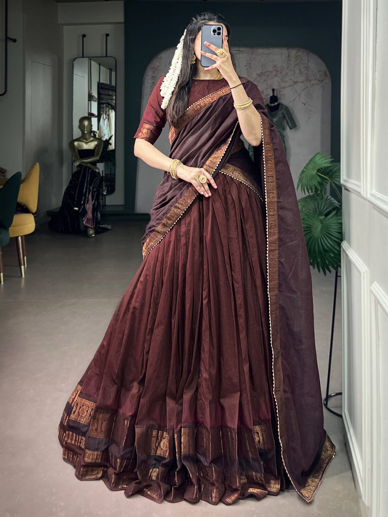 Fabulous Maroon Zari Weaving Cotton Marriage Wear Half Saree Lehenga