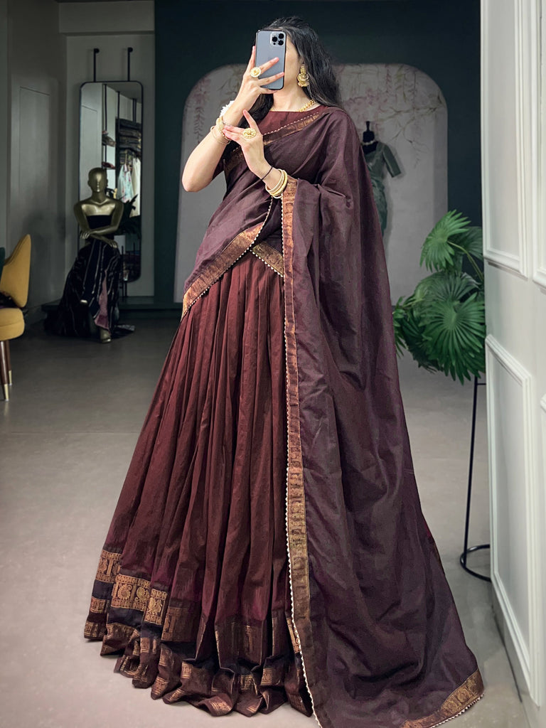 Fabulous Maroon Zari Weaving Cotton Marriage Wear Half Saree Lehenga