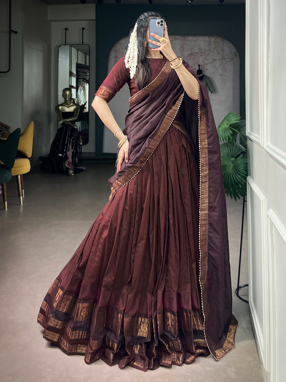 Fabulous Maroon Zari Weaving Cotton Marriage Wear Half Saree Lehenga