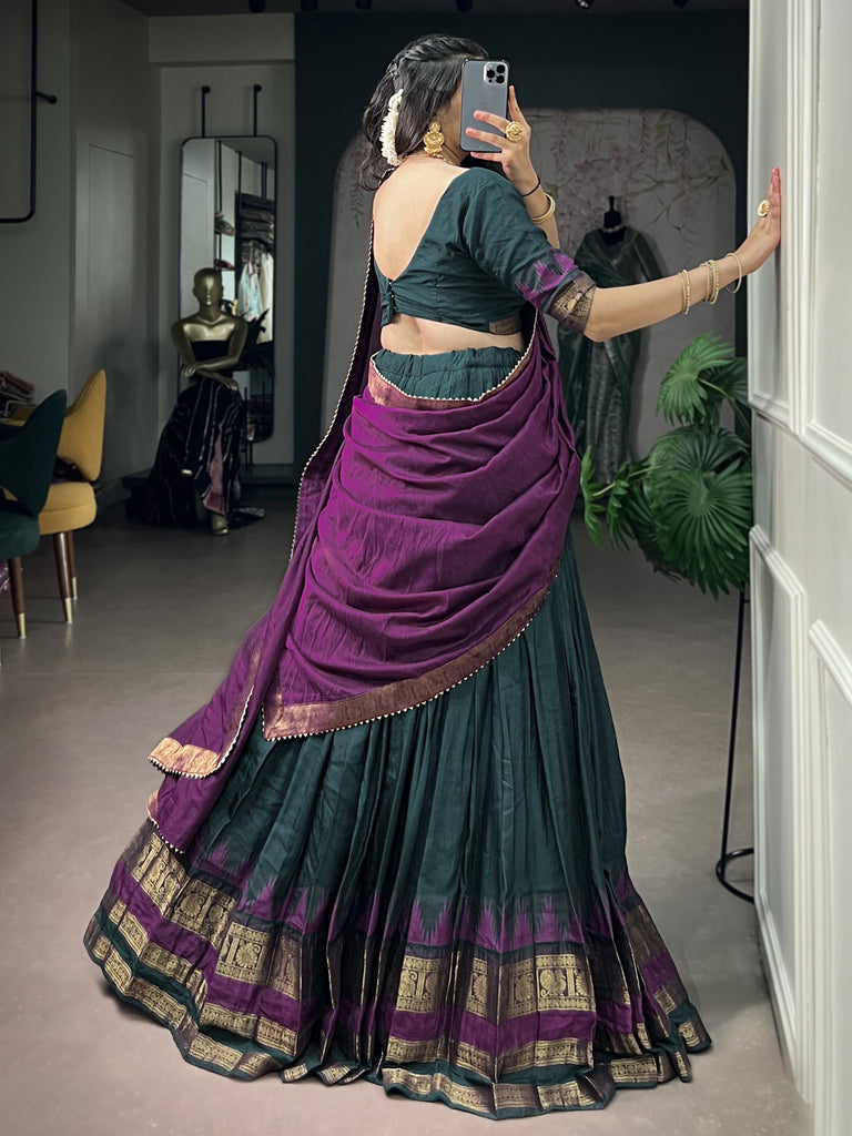 Marvelous Teal Green Zari Weaving Cotton Mehendi Wear Half Saree Lehenga