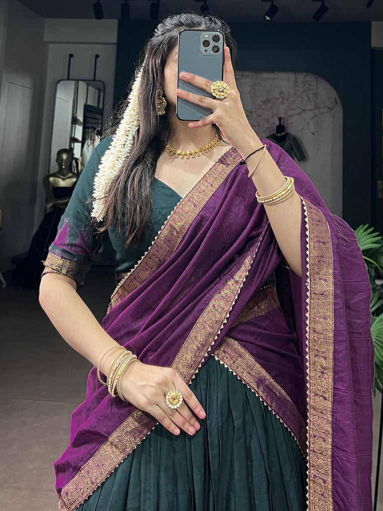 Marvelous Teal Green Zari Weaving Cotton Mehendi Wear Half Saree Lehenga