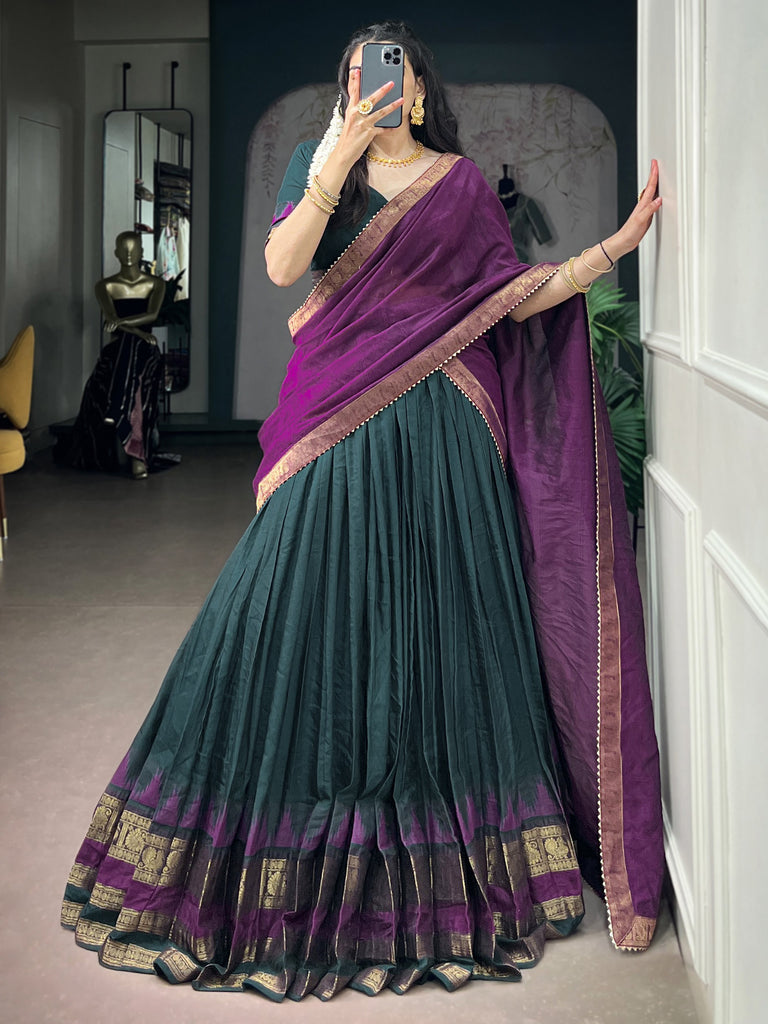 Marvelous Teal Green Zari Weaving Cotton Mehendi Wear Half Saree Lehenga