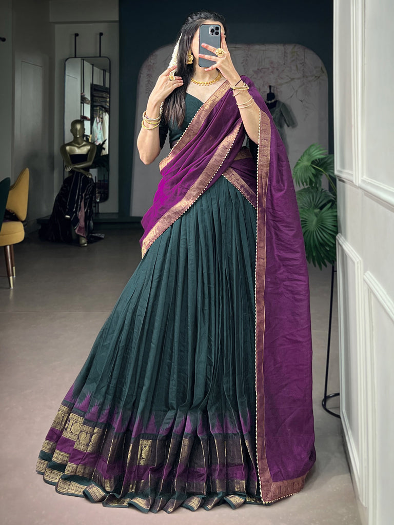 Marvelous Teal Green Zari Weaving Cotton Mehendi Wear Half Saree Lehenga