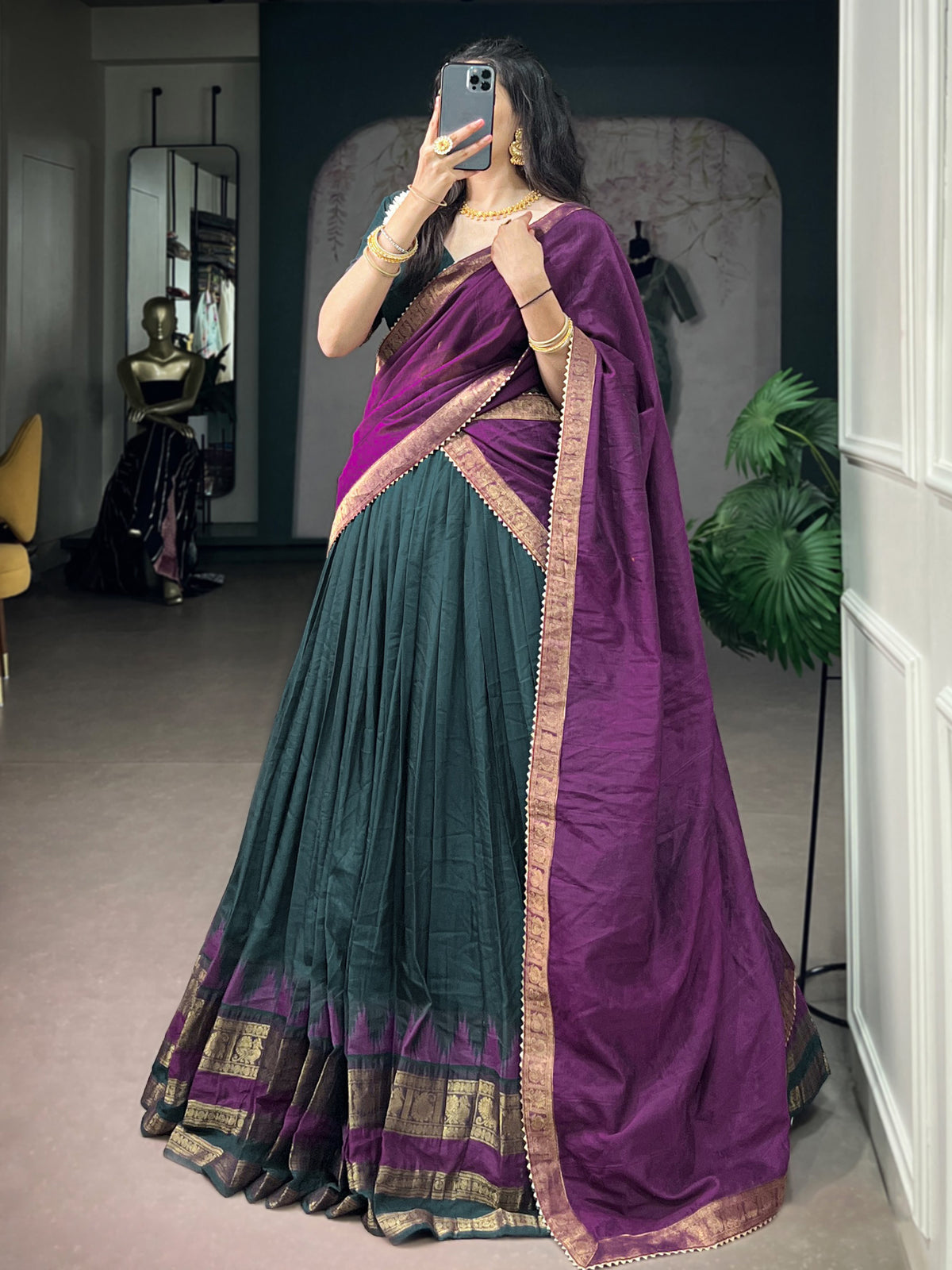 Marvelous Teal Green Zari Weaving Cotton Mehendi Wear Half Saree Lehenga