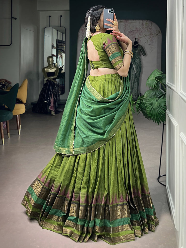 Artistic Green Zari Weaving Cotton Event Wear Half Saree Lehenga