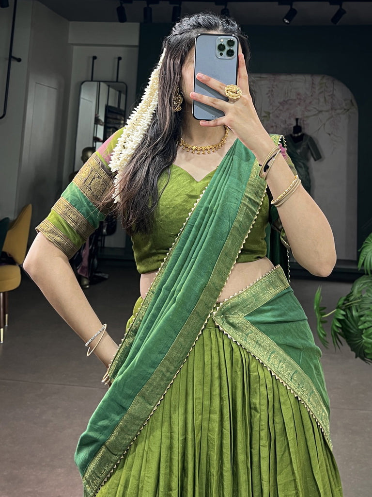 Artistic Green Zari Weaving Cotton Event Wear Half Saree Lehenga