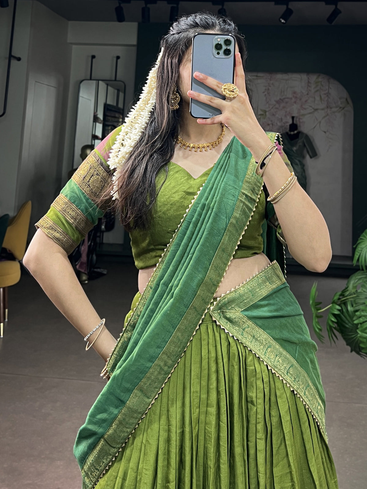 Artistic Green Zari Weaving Cotton Event Wear Half Saree Lehenga