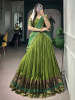 Artistic Green Zari Weaving Cotton Event Wear Half Saree Lehenga