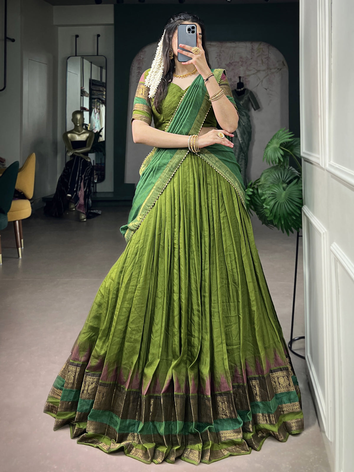 Artistic Green Zari Weaving Cotton Event Wear Half Saree Lehenga