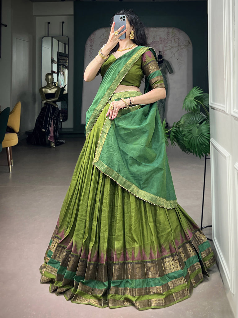Artistic Green Zari Weaving Cotton Event Wear Half Saree Lehenga