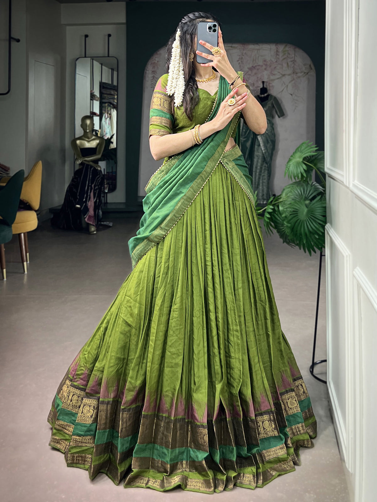 Artistic Green Zari Weaving Cotton Event Wear Half Saree Lehenga