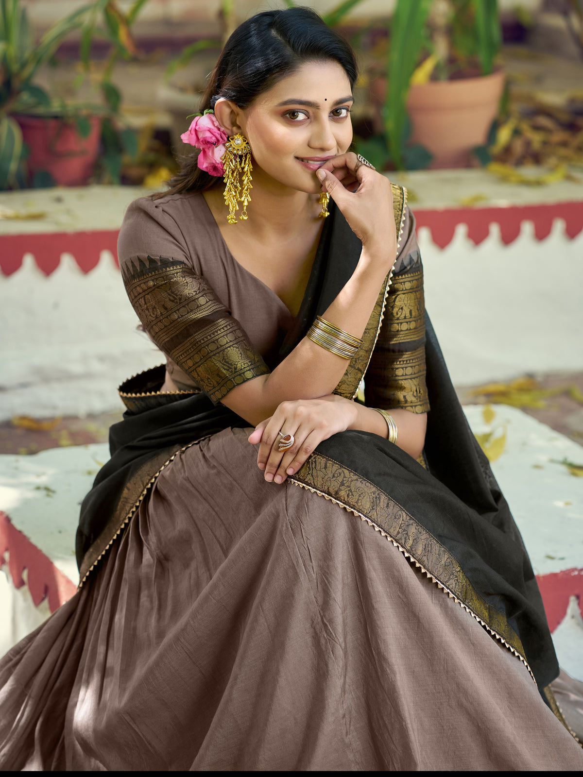 Alluring Brown Zari Woven Cotton Festive Wear Half Saree Lehenga