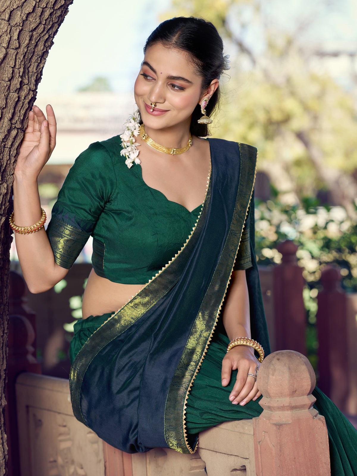 Great Bottle green Zari Woven Cotton Mehendi Wear Half Saree Lehenga