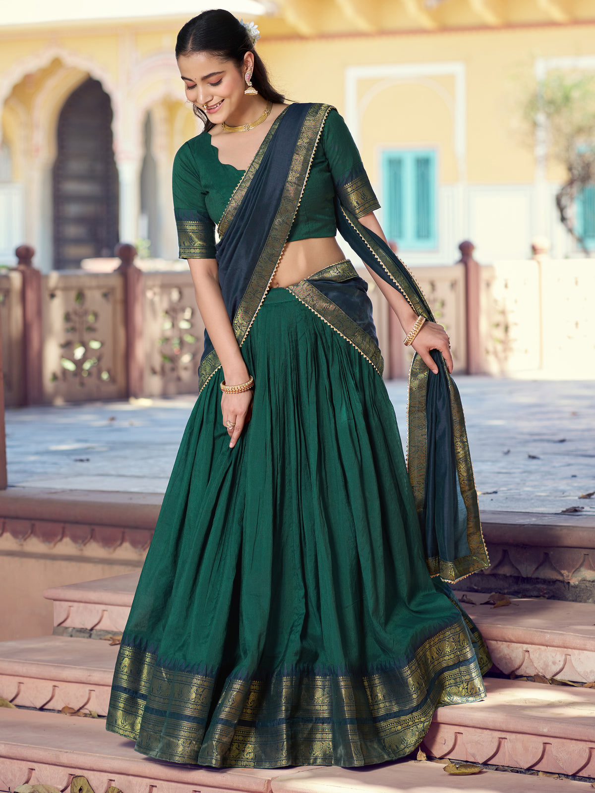 Great Bottle green Zari Woven Cotton Mehendi Wear Half Saree Lehenga