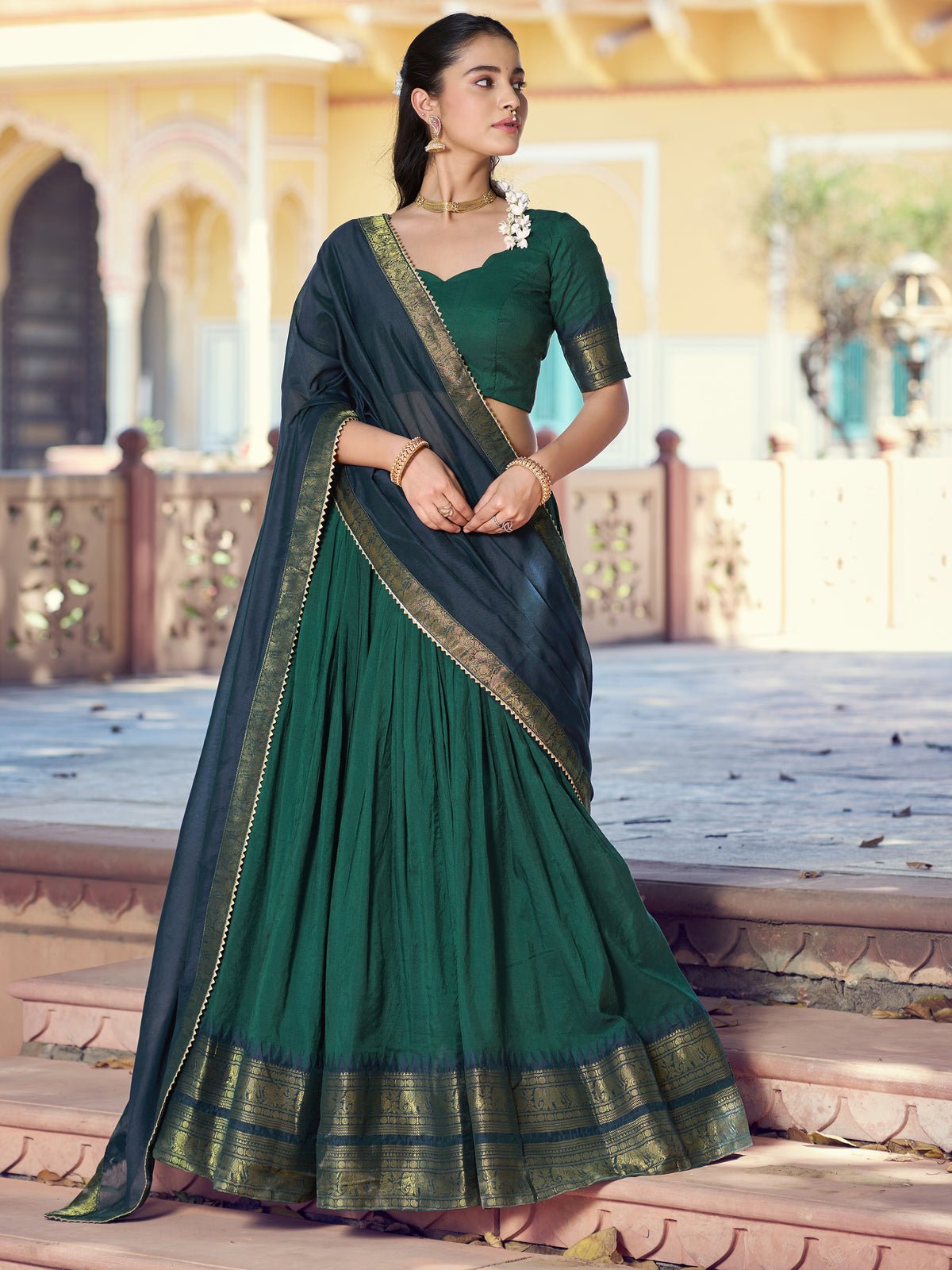 Great Bottle green Zari Woven Cotton Mehendi Wear Half Saree Lehenga