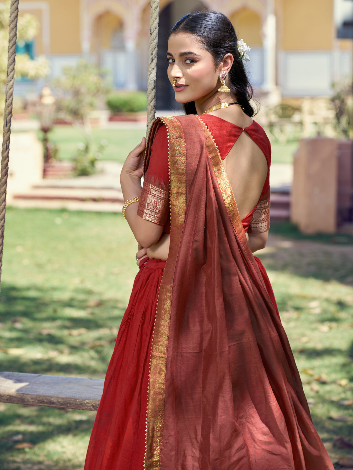 Excellent Red Zari Woven Cotton Wedding Wear Half Saree Lehenga