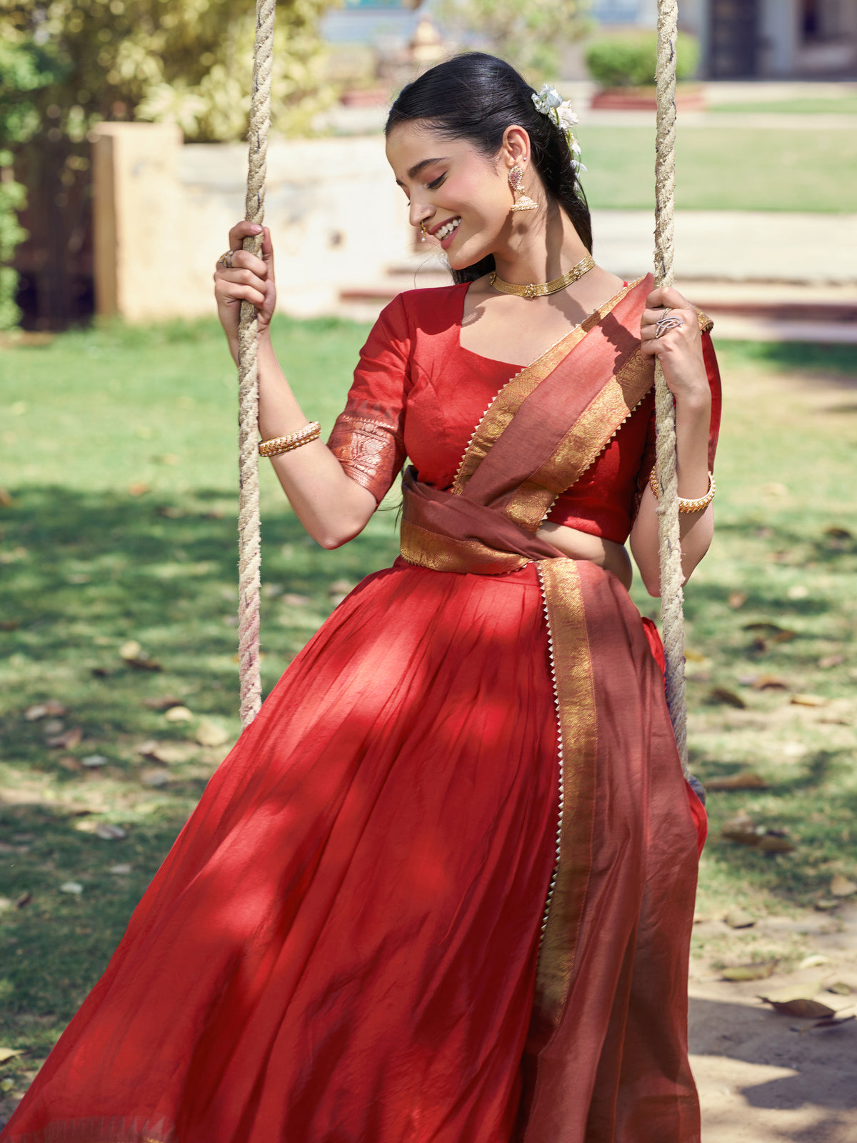 Excellent Red Zari Woven Cotton Wedding Wear Half Saree Lehenga