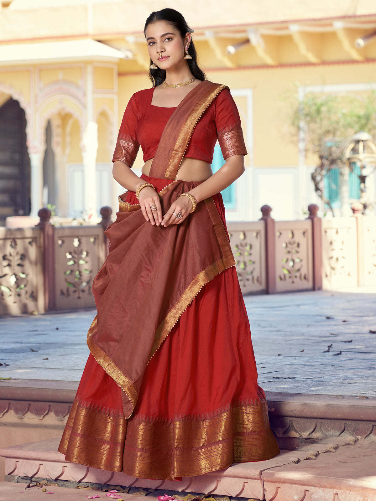Excellent Red Zari Woven Cotton Wedding Wear Half Saree Lehenga