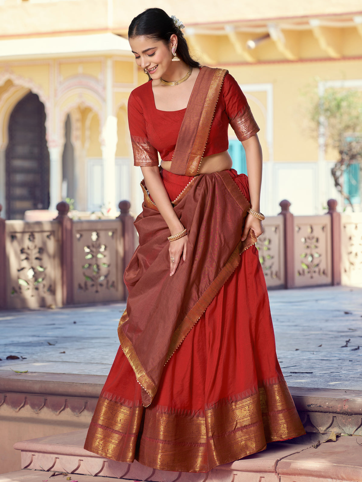 Excellent Red Zari Woven Cotton Wedding Wear Half Saree Lehenga