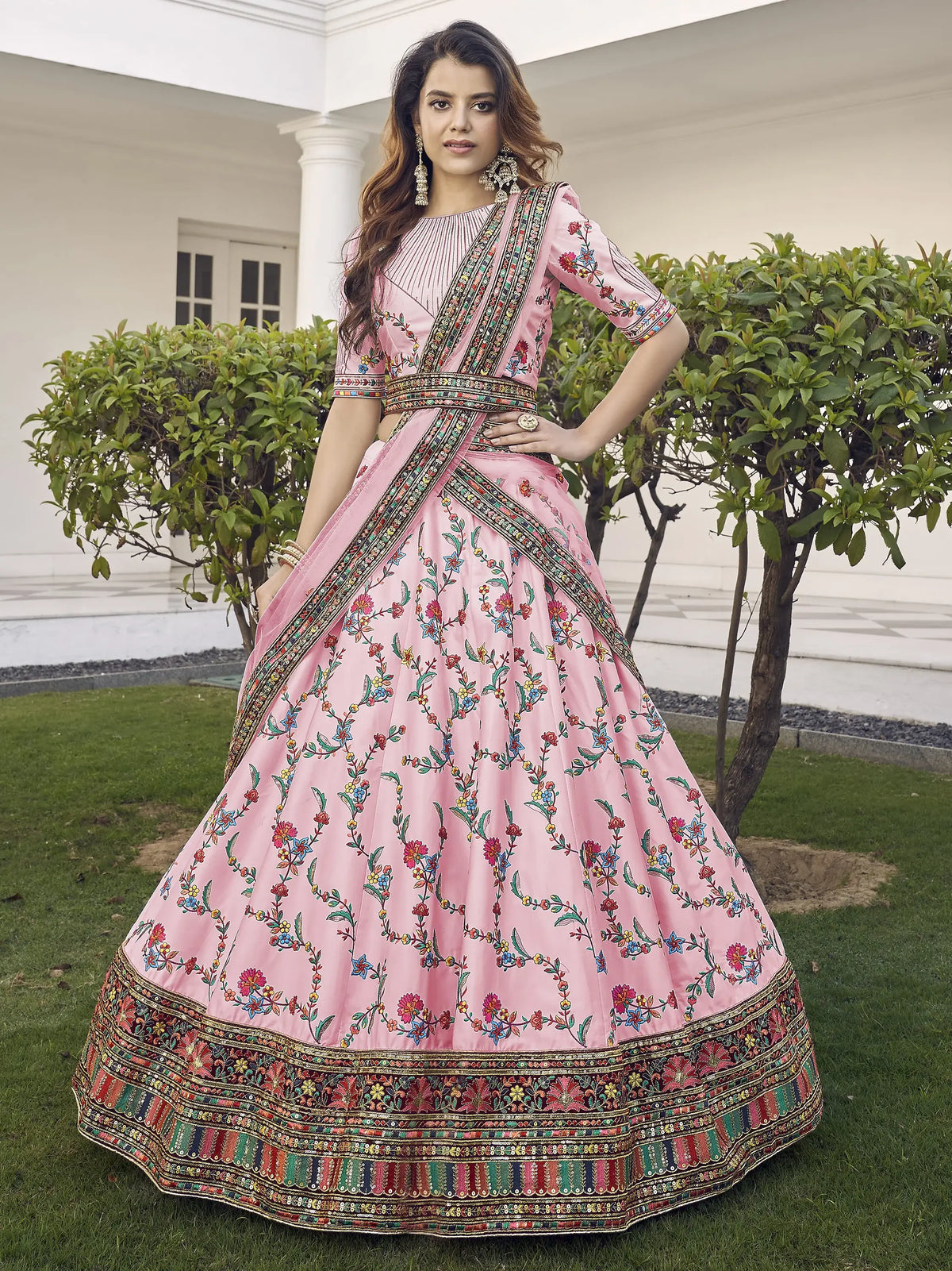 Magnetic Pink Sequins Embroidered Silk Wedding Wear Lehenga Choli